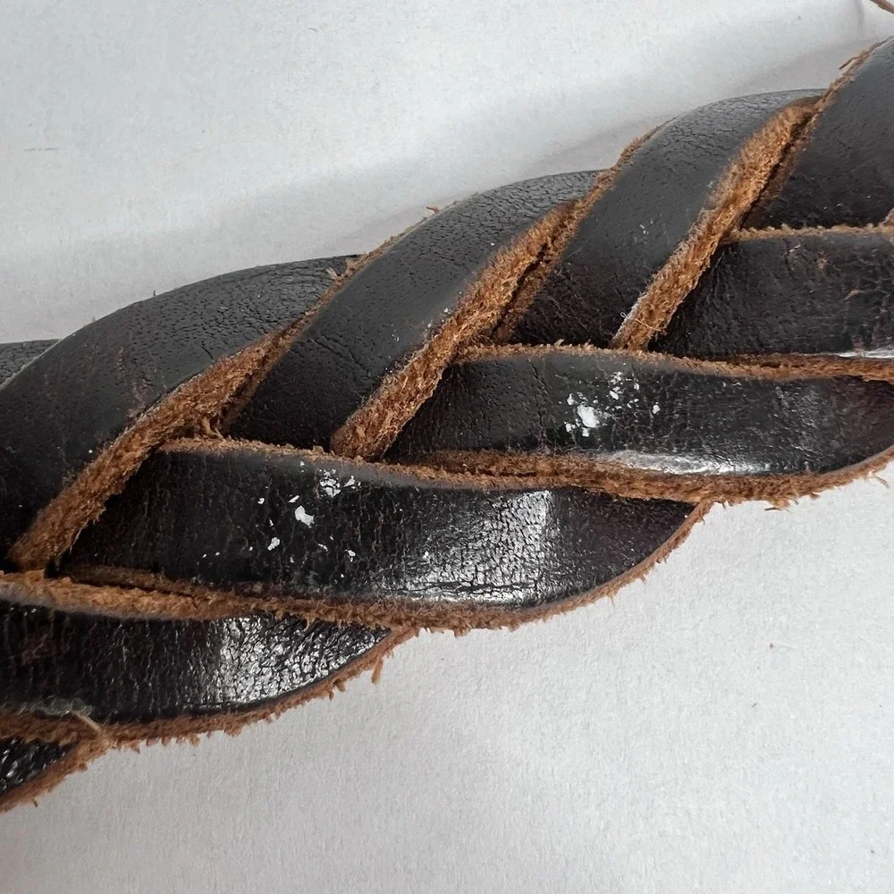 Vintage Women's Braided Belt XL 38-42‎ Brown Genuine Leather Solid Brass Buckle